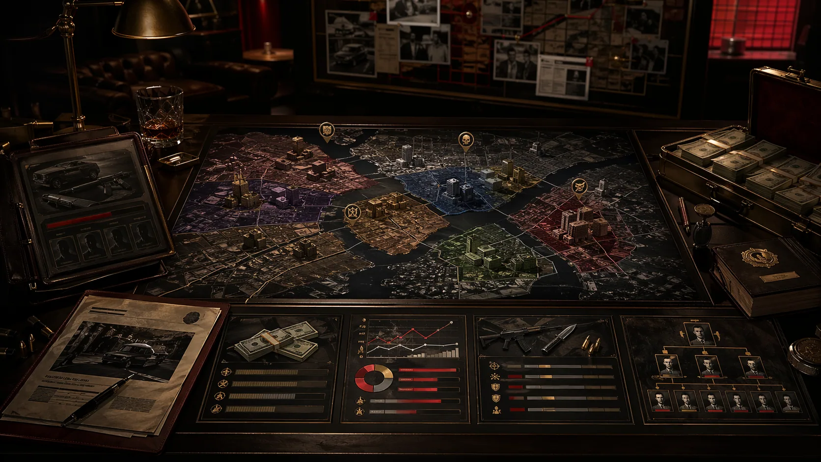Mafia browser game planning table with maps, dossiers, cash, and crime strategy.