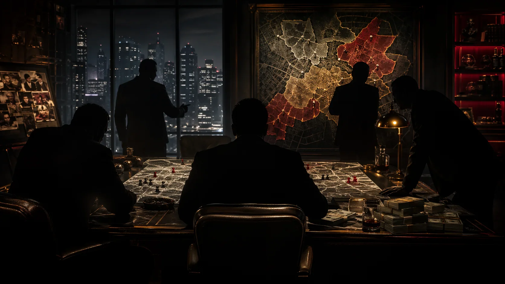 Online mafia RPG crew strategy table with faction dossiers and city pressure.
