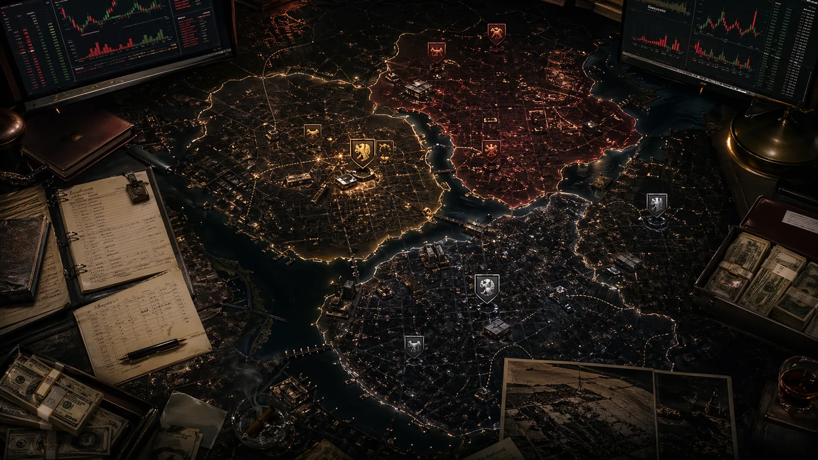 Crime RPG city strategy board with territories, ledgers, and faction pressure.