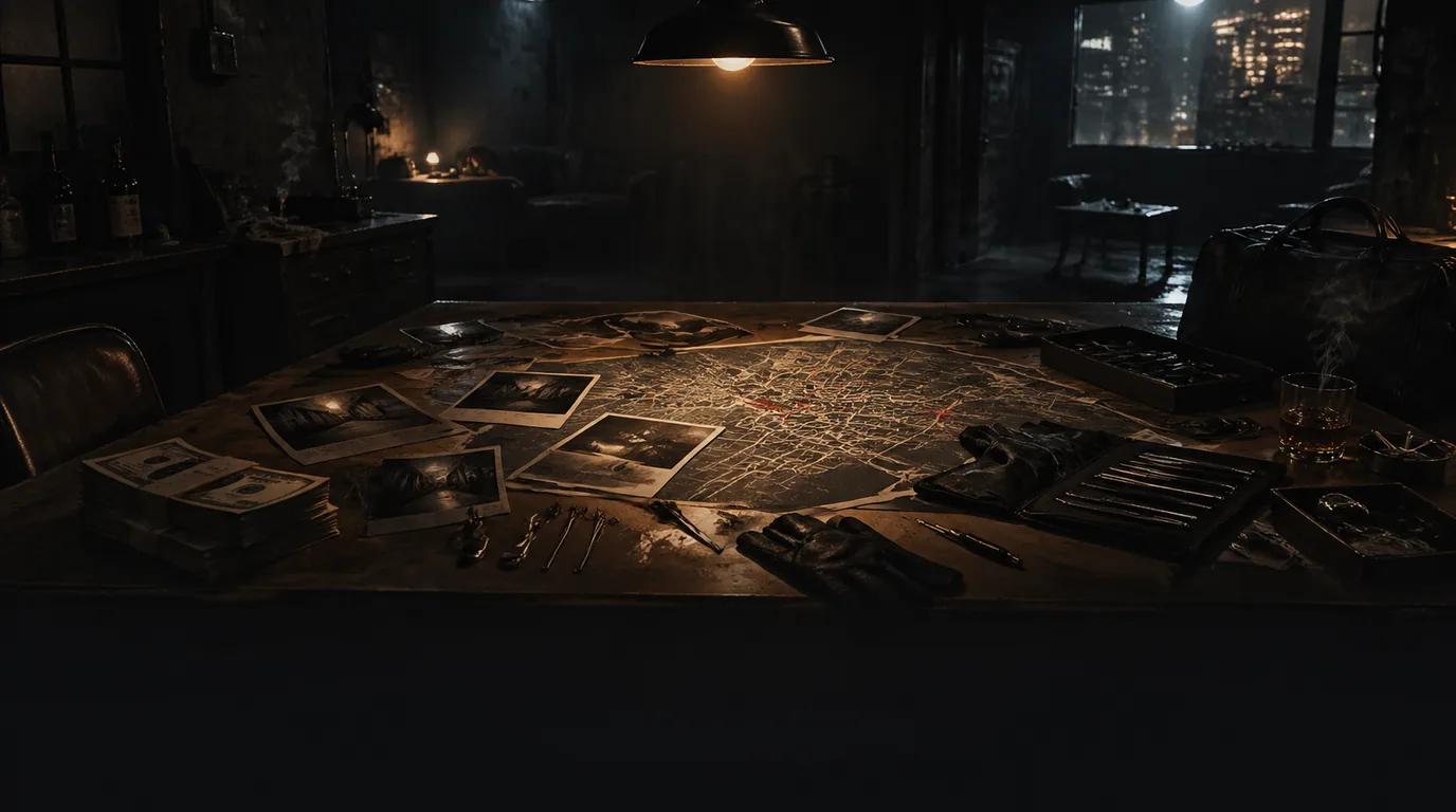 Crime RPG scene with an underworld street, case notes, and risky opportunities.